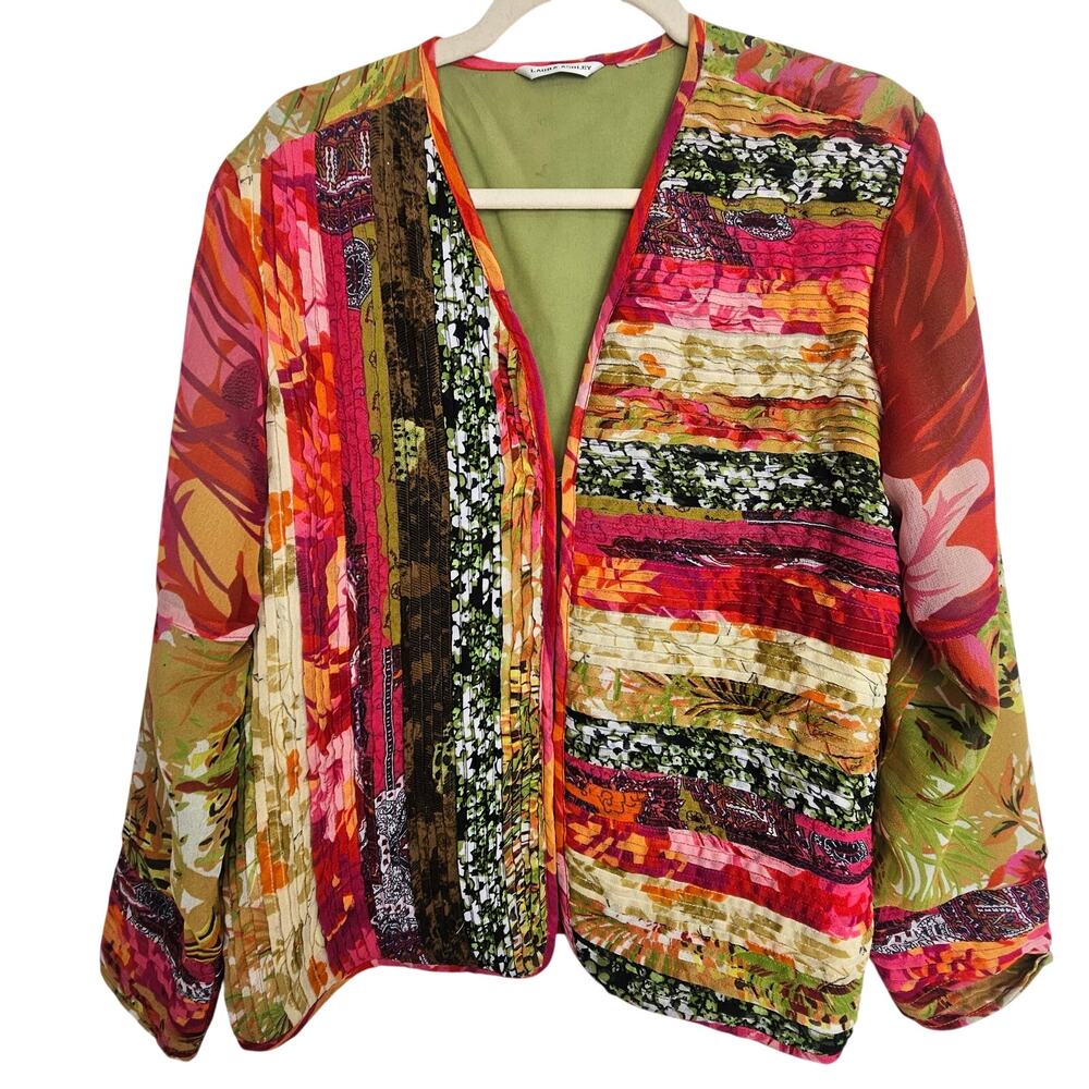 Laura Ashley Womens Floral Pleated Jacket Size L Artsy Whimsical Retro Layering
